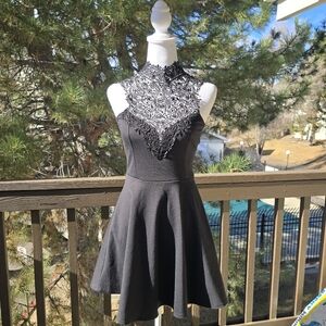 Whimsigoth Mock Neck Black Lace Mini Dress